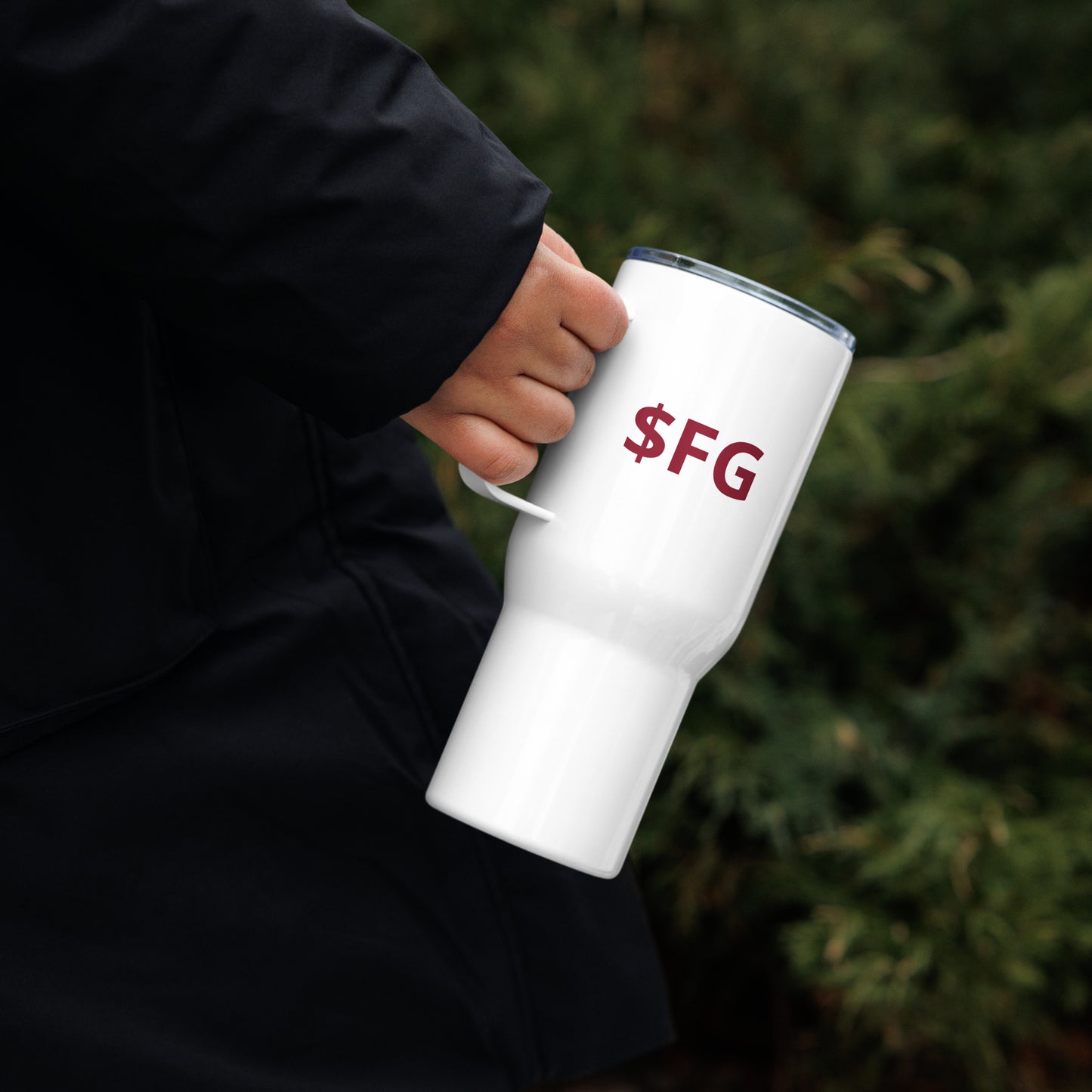 $FG Travel mug with a handle